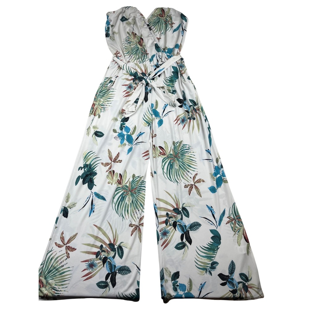 Egy Tropical Palm Print Wide Leg Jumpsuit White Green Blue Floral Medium